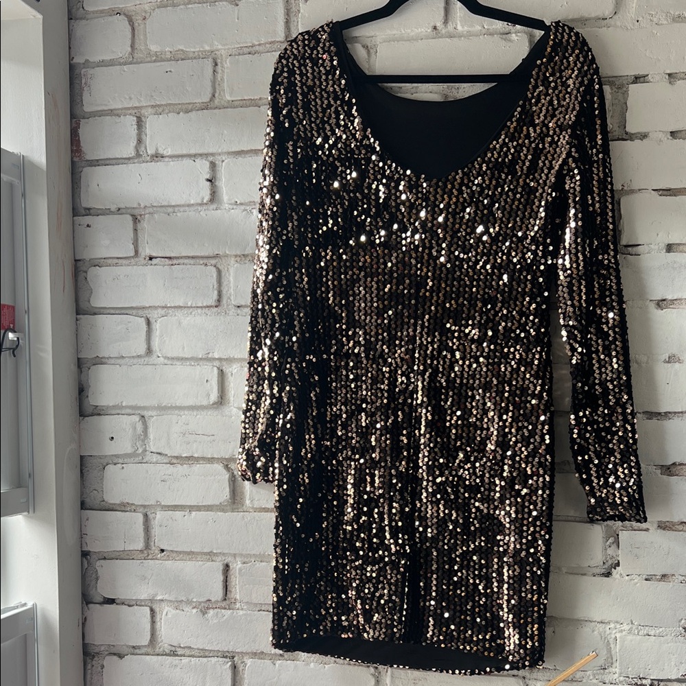 Sequin Long Sleeve Cocktail Dress - Black/Gold - ONLY - Picture 5 of 13